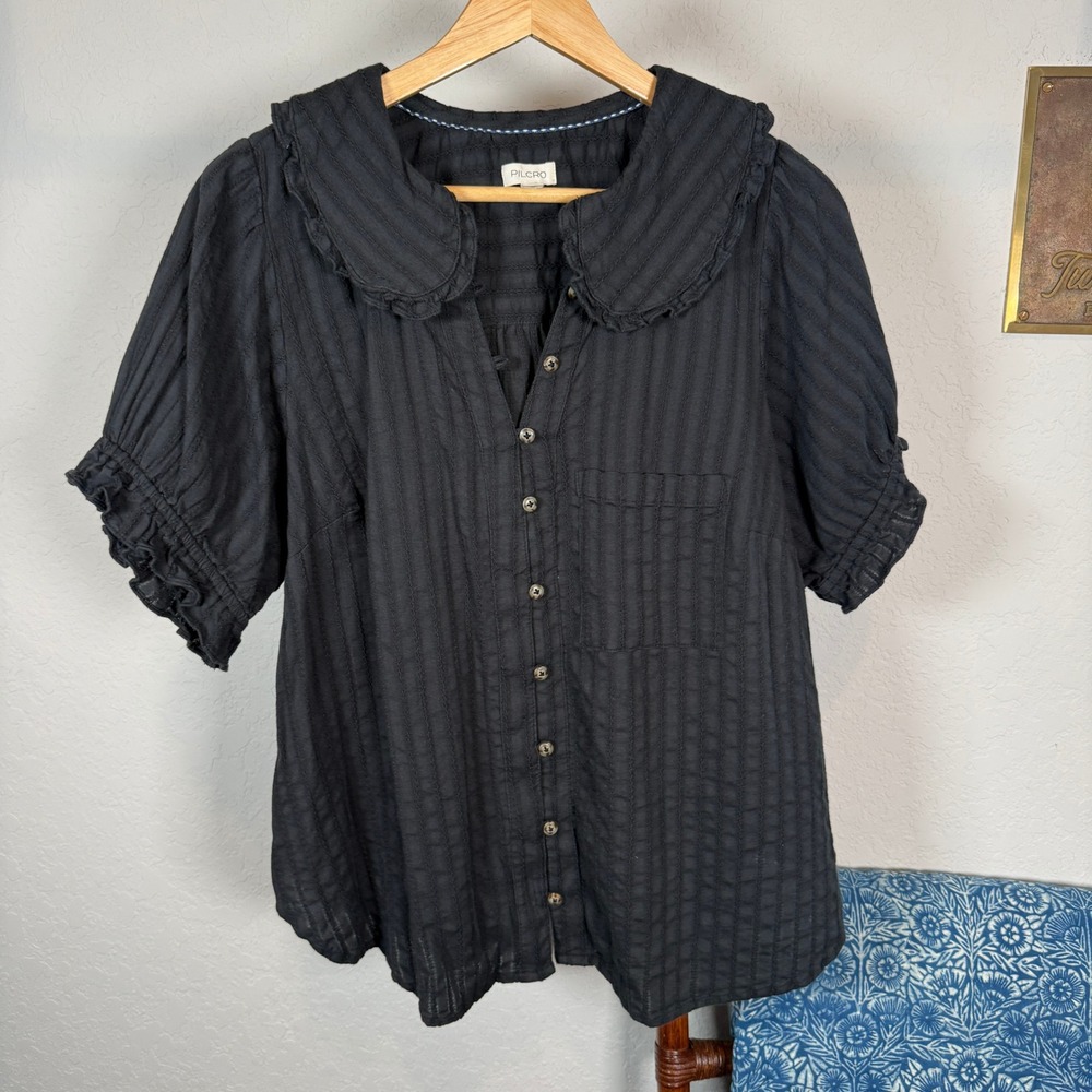 Pilcro Black Cotton Seersucker Ruffle Peter Pan Collar Button Down Top 1X
